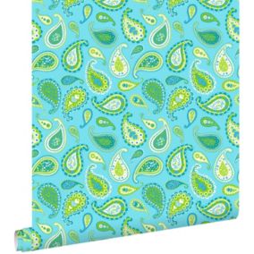 ESTAhome papier peint paisleys turquoise et vert citron - 53 cm x 10,05 m - 115827