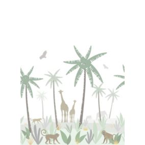 ESTAhome papier peint panoramique animaux de la jungle vert, gris et marron - 200 x 279 cm - 158928