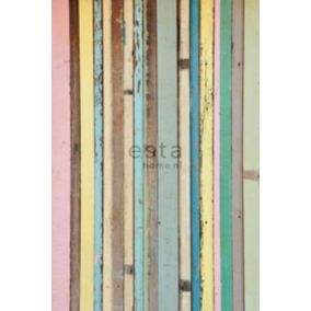 ESTAhome papier peint panoramique bois peint rose clair, jaune, bleu et vert - 200 x 279 cm - 157703