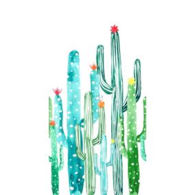 ESTAhome papier peint panoramique cactus à fleurs peint à l'aquarelle vert jungle tropicale et turquoise - 150 x 279 cm - 158829