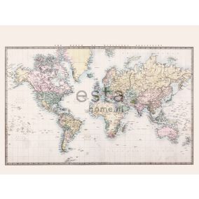 ESTAhome papier peint panoramique carte du monde vintage beige, jaune pastel, rose poudre clair et vert - 372 cm x 2,79 m - 158210