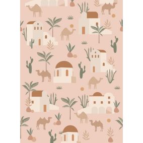 ESTAhome papier peint panoramique chameaux et cactus rose clair, terracotta et vert - 2 x 2.79 m - 159295