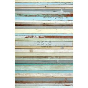 ESTAhome papier peint panoramique imitation bois bleu, gris, jaune pastel et vert menthe - 186 cm x 279 m - 158004