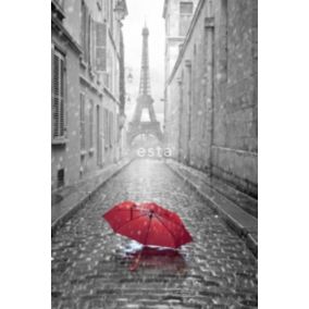 ESTAhome papier peint panoramique Paris noir et blanc avec parapluie rouge gris et rouge - 1,86 x 2,79 m - 158811