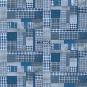 ESTAhome papier peint panoramique patchwork à carreaux bleu et gris - 300 x 279 cm - 158808