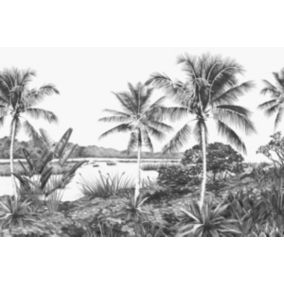 ESTAhome papier peint panoramique paysage tropical avec des palmiers noir et blanc - 4,185 x 2,79 m - 158901