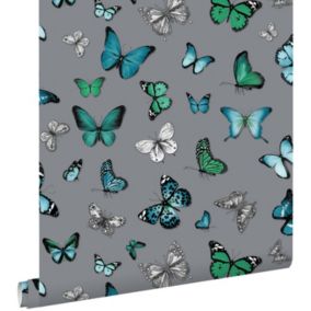 ESTAhome papier peint papillons argent et turquoise - 53 cm x 10,05 m - 138510