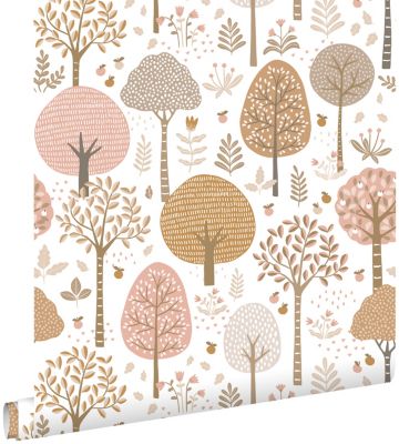 ESTAhome papier peint paysage boisé rose, marron et blanc 50 x 900 cm