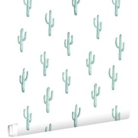 ESTAhome papier peint petit cactus du désert turquoise grisé - 53 cm x 10,05 m - 138898