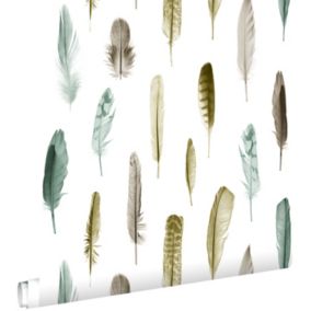 ESTAhome papier peint plumes jaune ocre, marron et vert grisé - 53 cm x 10,05 m - 138896