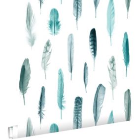 ESTAhome papier peint plumes turquoise et blanc mat - 53 cm x 10,05 m - 138895