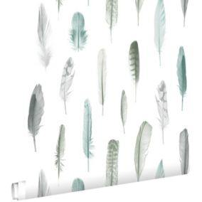 ESTAhome papier peint plumes vert menthe pastel clair grisé et beige crème clair - 53 cm x 10,05 m - 138894