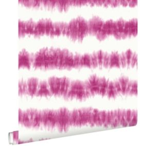 ESTAhome papier peint rayure horizontal tie-dye shibori rose intense fuchsia et blanc mat - 53 cm x 10,05 m - 148688