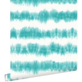 ESTAhome papier peint rayure horizontal tie-dye shibori turquoise intense et blanc mat - 53 cm x 10,05 m - 148687