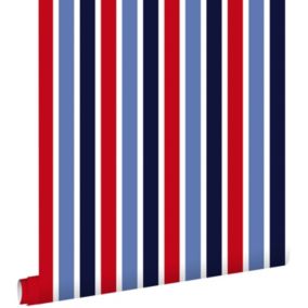 ESTAhome papier peint rayures verticales bleu foncé, rouge et blanc - 53 cm x 10,05 m - 138705