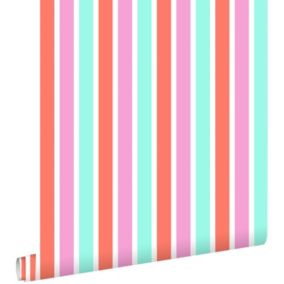 ESTAhome papier peint rayures verticales rose, turquoise et corail rouge - 53 cm x 10,05 m - 138704