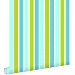 ESTAhome papier peint rayures verticales turquoise, vert citron et blanc - 53 cm x 10,05 m - 138703