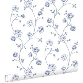 ESTAhome papier peint roses en Toile de Jouy blanc et bleu - 0,53 x 10,05 m - 139300