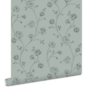 ESTAhome papier peint roses en Toile de Jouy vert grisé - 0,53 x 10,05 m - 139314