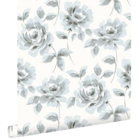 ESTAhome papier peint roses peintes à l'aquarelle bleu clair et gris - 53 cm x 10,05 m - 128013