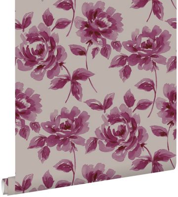 ESTAhome papier peint roses peintes à l'aquarelle violet aubergine et taupe - 53 cm x 10,05 m - 128017