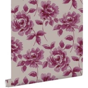 ESTAhome papier peint roses peintes à l'aquarelle violet aubergine et taupe - 53 cm x 10,05 m - 128017