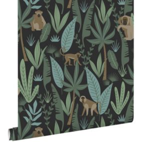 ESTAhome papier peint singes de la jungle noir, vert foncé et vert menthe - 0,53 x 10,05 m - 139074