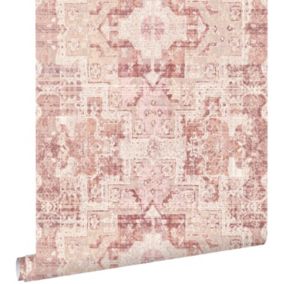 ESTAhome papier peint tapis patchwork kilim oriental rose terracotta - 53 cm x 10,05 m - 148656