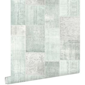 ESTAhome papier peint tapis patchwork kilim oriental vert menthe pastel clair grisé - 53 cm x 10,05 m - 148650