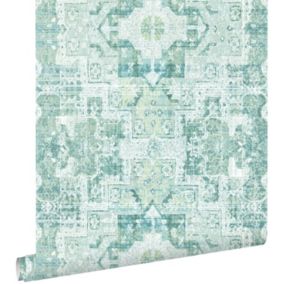 ESTAhome papier peint tapis patchwork kilim oriental vert menthe pastel clair grisé - 53 cm x 10,05 m - 148658