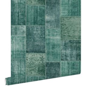 ESTAhome papier peint tapis patchwork kilim oriental vert émeraude intense - 53 cm x 10,05 m - 148652