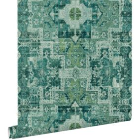 ESTAhome papier peint tapis patchwork kilim oriental vert émeraude intense - 53 cm x 10,05 m - 148659