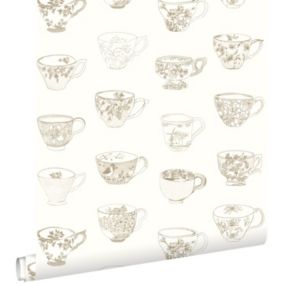 ESTAhome papier peint tasses et soucoupes beige - 53 cm x 10,05 m - 138151