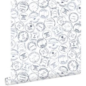 ESTAhome papier peint timbres de surf bleu foncé et blanc - 0,53 x 10,05 m - 138980