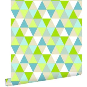 ESTAhome papier peint triangles vert citron, turquoise et beige - 53 cm x 10,05 m - 138713