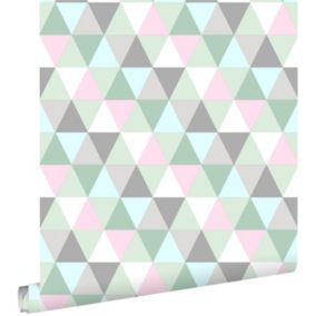 ESTAhome papier peint triangles vert menthe, rose et gris - 53 cm x 10,05 m - 128706