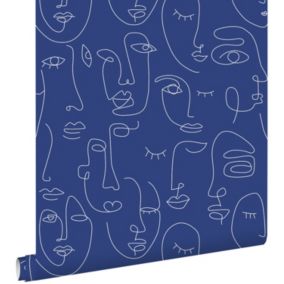 ESTAhome papier peint visages Line Art bleu cobalt - 50 x 900 cm - 139434