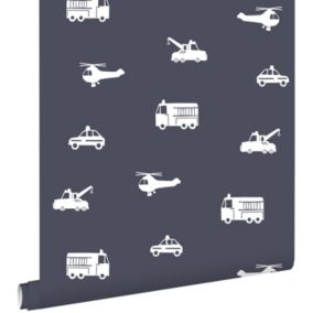 ESTAhome papier peint voitures, camions de pompiers, hélicoptères et grues bleu foncé - 53 cm x 10,05 m - 138916