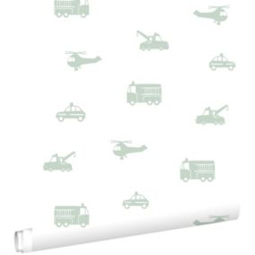 ESTAhome papier peint voitures, camions de pompiers, hélicoptères et grues vert menthe sur blanc - 53 cm x 10,05 m - 128856