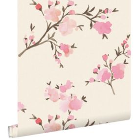 ESTAhome PP intissé éco texture fleurs de cerisier beige et rose - 0,53 x 10,05 m - 148716