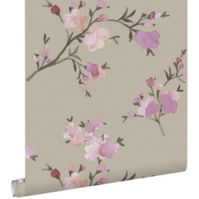 ESTAhome PP intissé éco texture fleurs de cerisier taupe et violet - 0,53 x 10,05 m - 148717