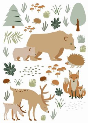 ESTAhome sticker mural forêt avec des animaux de la forêt beige et vert menthe - 47,5 cm x 66 cm - 156104