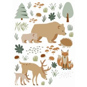 ESTAhome sticker mural forêt avec des animaux de la forêt beige et vert menthe - 47,5 cm x 66 cm - 156104