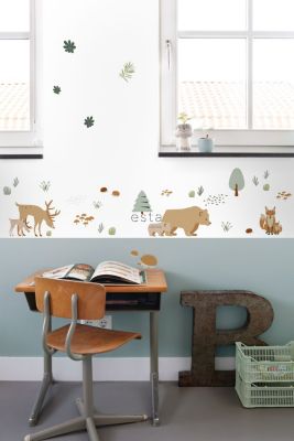 ESTAhome sticker mural forêt avec des animaux de la forêt beige et vert menthe - 47,5 cm x 66 cm - 156104