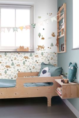 ESTAhome sticker mural forêt avec des animaux de la forêt beige et vert menthe - 47,5 cm x 66 cm - 156104