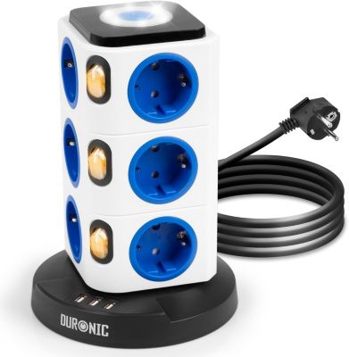 ET12L Tour multiprise 12 prises 3680W 13A 3x USB-A Veilleuse tactile Câble 1,8m Parasurtenseur protection surtension Duronic