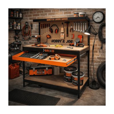 Établi MONSTERSHOP Noir Acier – 120x60x155cm, Panneau Perforé, Rangement Solide