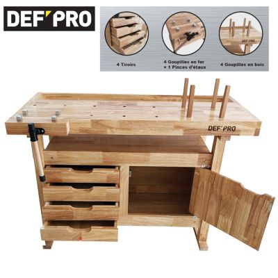Etabli robuste en bois avec rangement 120 cm 4 tiroirs et 1 trappe