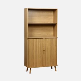 Etagère bibliothèque scandinave. 2 portes coulissantes. 4 niveaux. effet bois rainuré. L 80 x P 45 x H 180cm