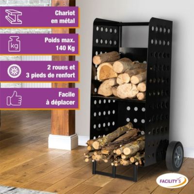 Chariot à Bûches Relaxdays | 107x52x58cm | 60kg Capacity | Roues & Roulettes | Noir